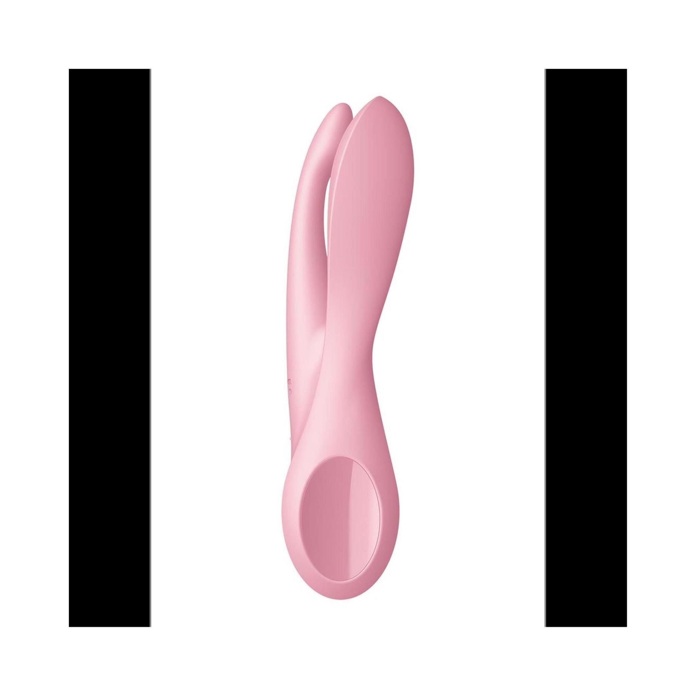 Rosa Vibrator mit zwei abgerundeten Enden und einem ovalen Loch. Vertikale Ansicht.