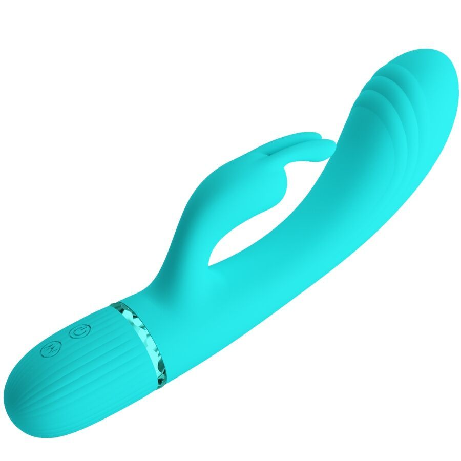 Türkisfarbener Vibrator mit Kaninchenohren-Design. Geriffelte Basis, glatte Oberfläche und Bedienknöpfe.