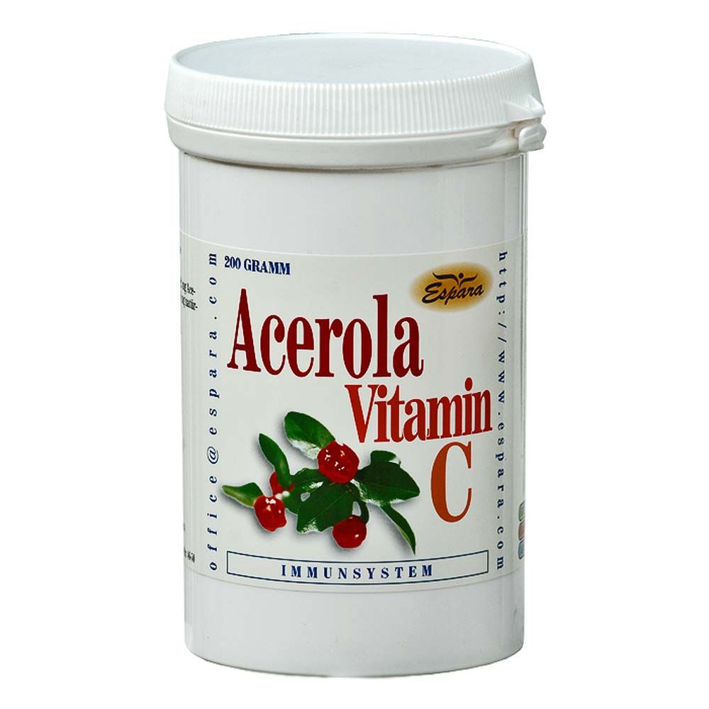 Weiße Dose mit Schraubverschluss. Aufschrift: Acerola Vitamin C, 200 Gramm, Espara. Abbildung von Acerola-Früchten.