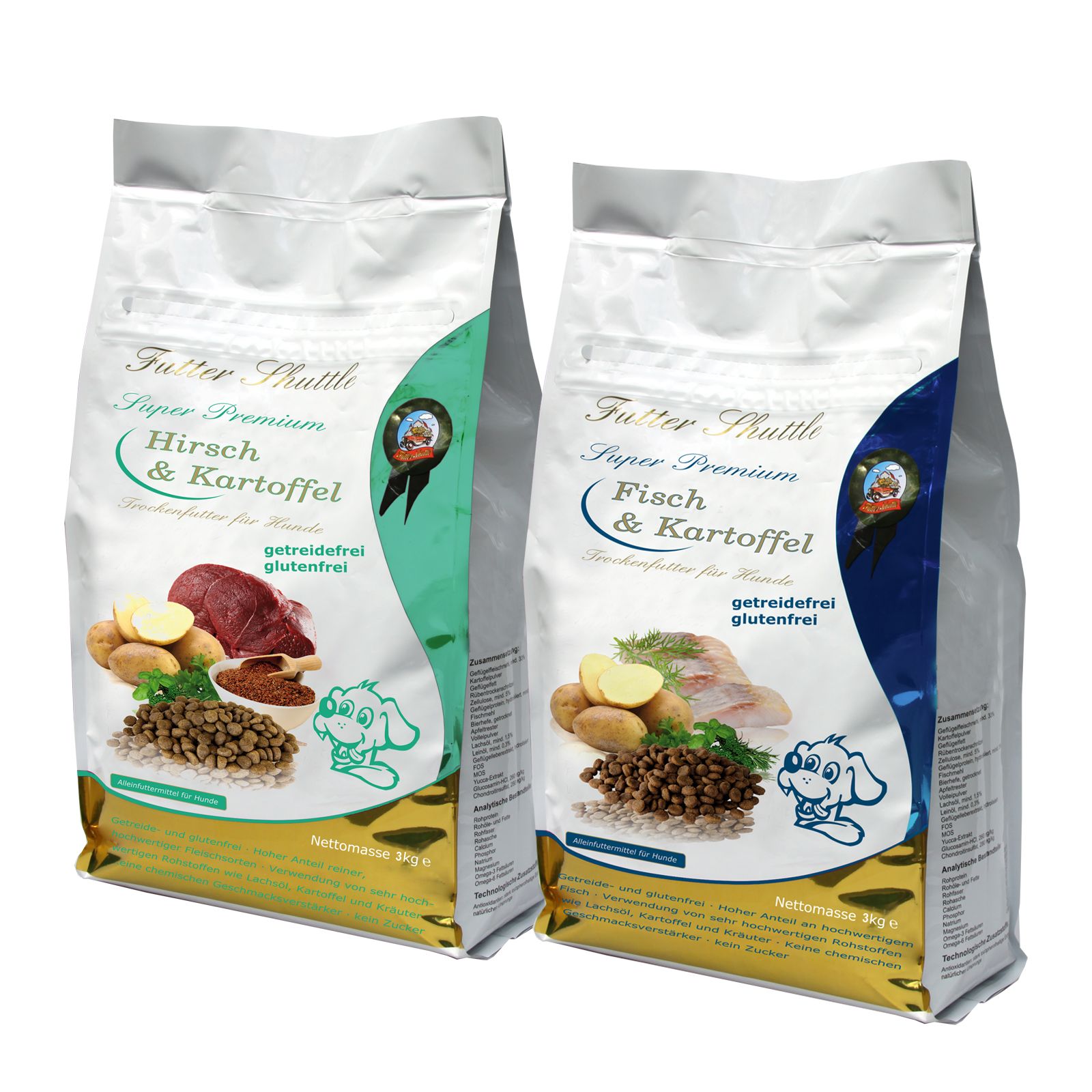 Zwei Beutel Hundefutter. Links: Hirsch & Kartoffel, getreidefrei. Rechts: Fisch & Kartoffel, getreidefrei. Beide mit Logo und Produktabbildungen.
