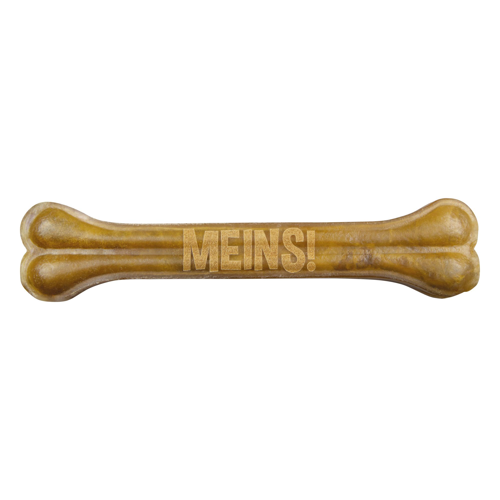 Kauknochen mit Gravur "MEINS!". Beige, knochenförmig, mit abgerundeten Enden. Aufschrift in der Mitte.