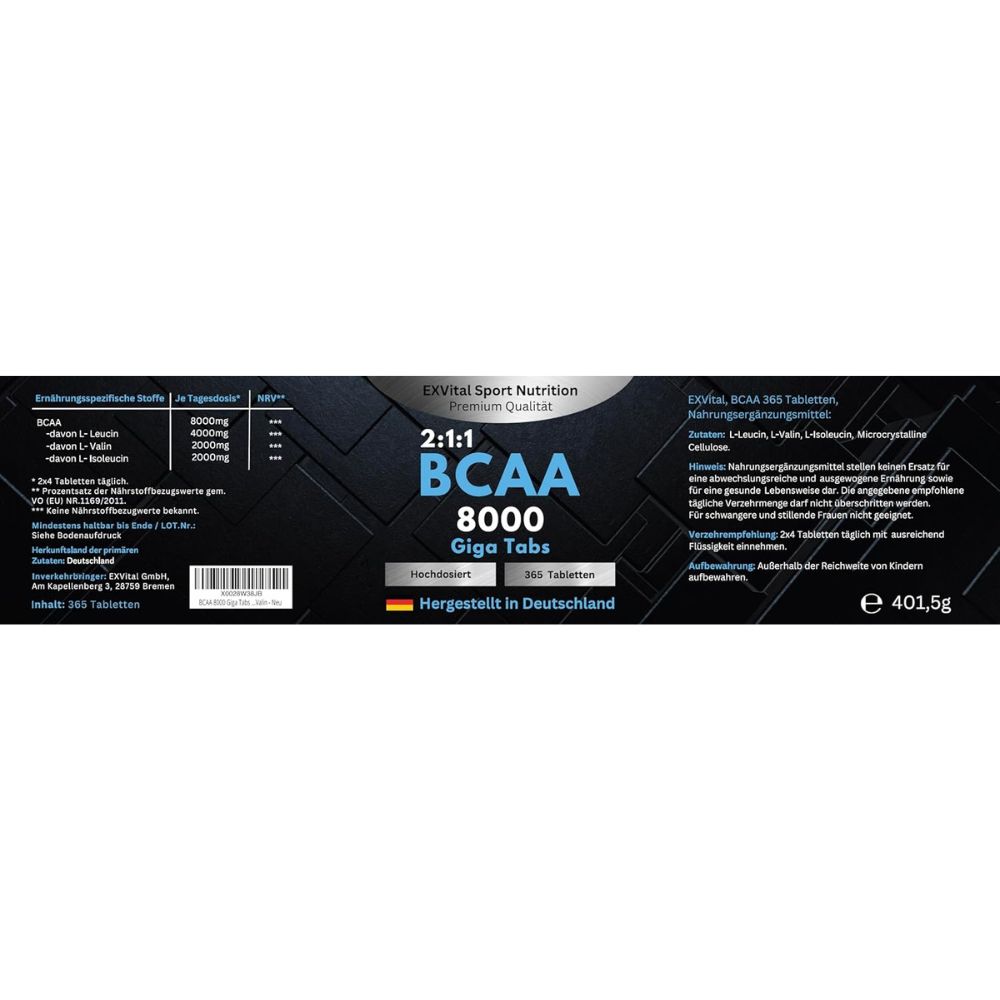 Produktetikett von BCAA 8000 Giga Tabs. Text: 2:1:1 BCAA 8000 Giga Tabs, 365 Tabletten. Hergestellt in Deutschland. Nährwertangaben.