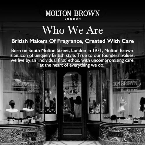 Schwarz-Weiß-Foto eines Geschäfts. Aufschrift: Molton Brown London. Text: British Makers Of Fragrance, Created With Care.