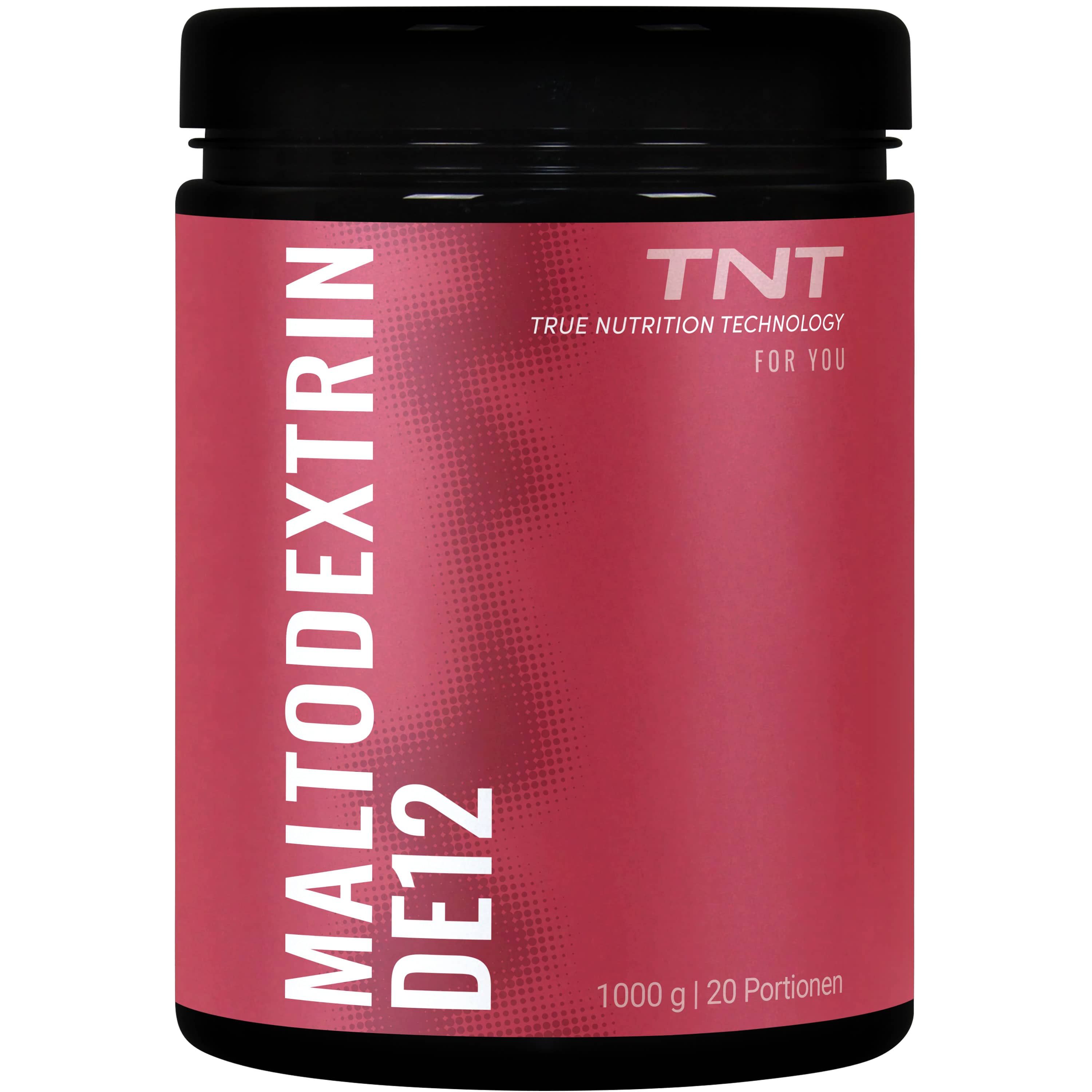 Schwarzes Gefäß mit rotem Etikett. Aufschrift: Maltodextrin DE12, TNT, 1000g, 20 Portionen.