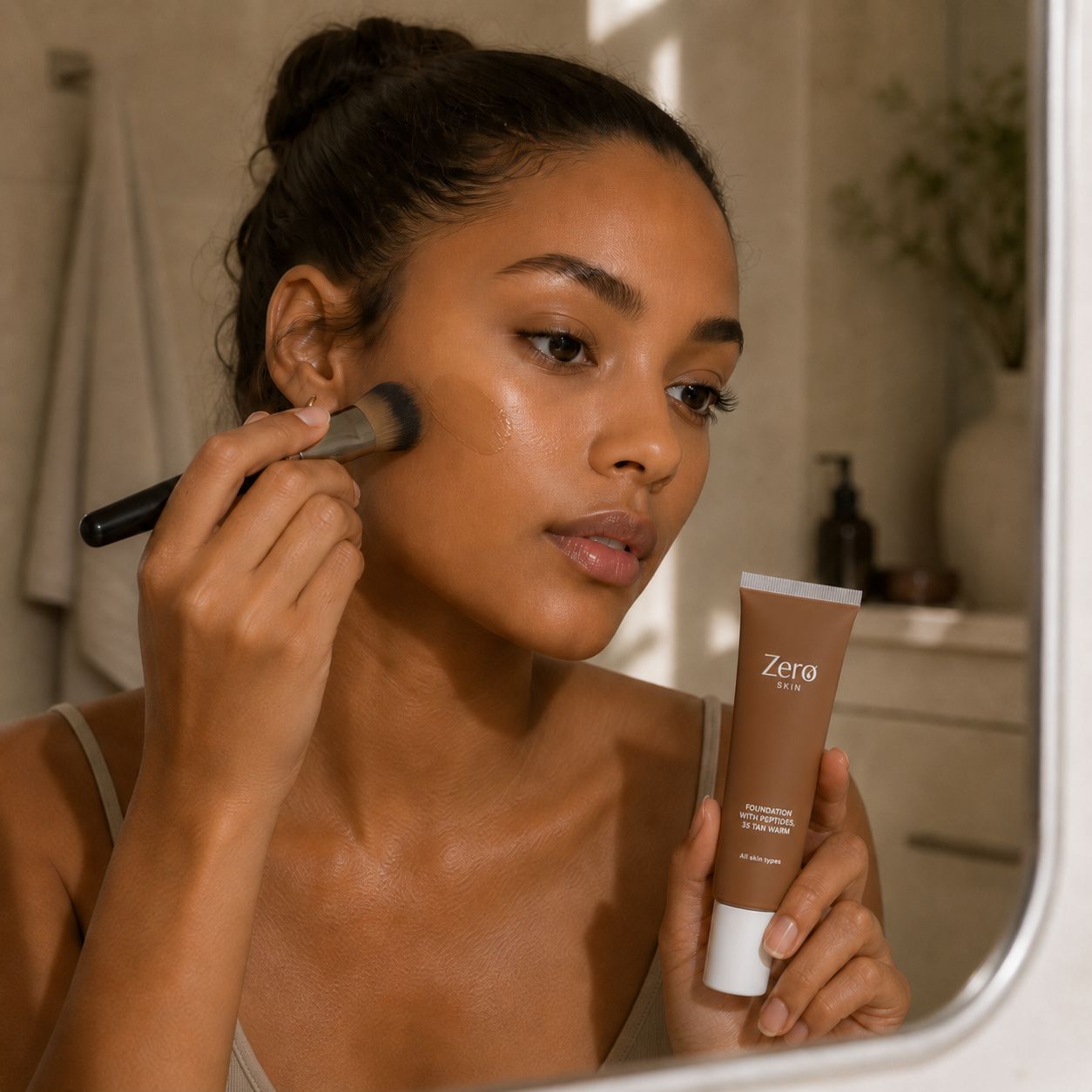 Frau trägt Zero Skin Foundation mit Peptiden auf. Farbton 35 Tan Warm.