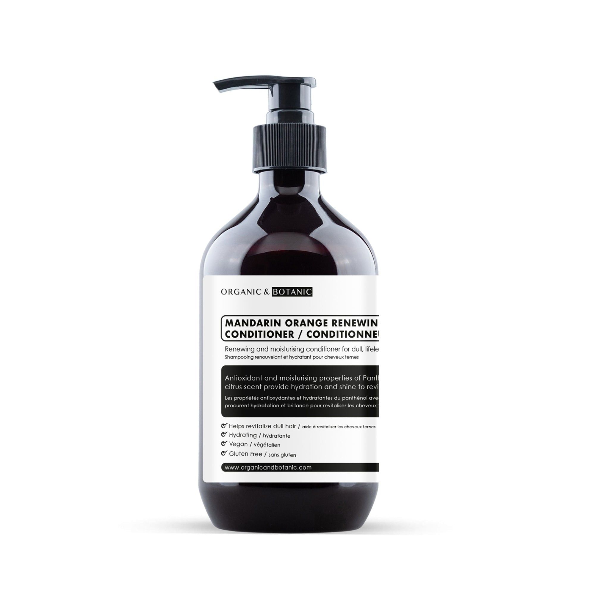Braune Flasche mit schwarzem Pumpkopf. Etikett mit Produktinformationen: Mandarin Orange Renewing Conditioner. Marke: Organic & Botanic.