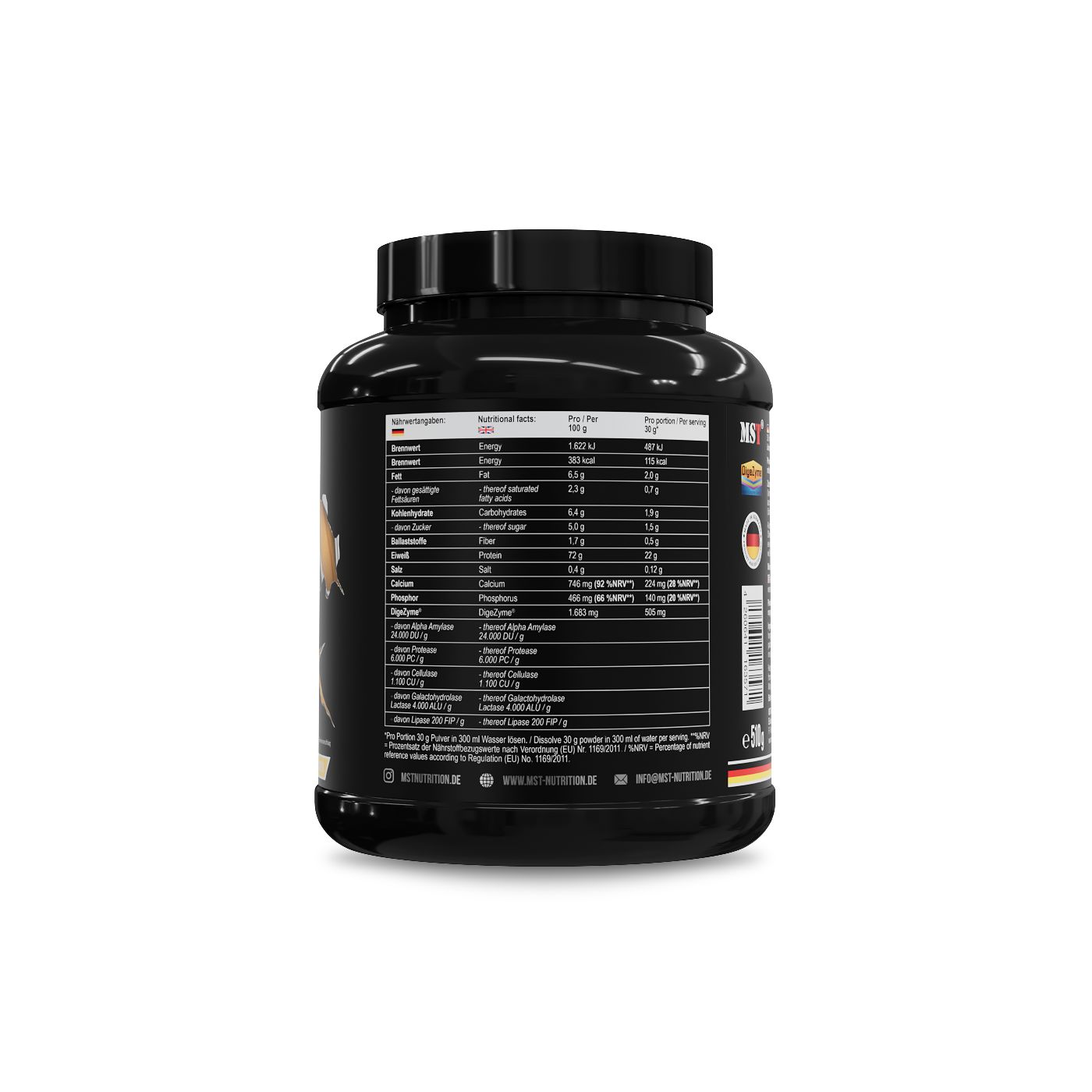 Rückseite der schwarzen Dose MST Best Whey Protein. Nährwertangaben und Inhaltsstoffe in deutscher Sprache.
