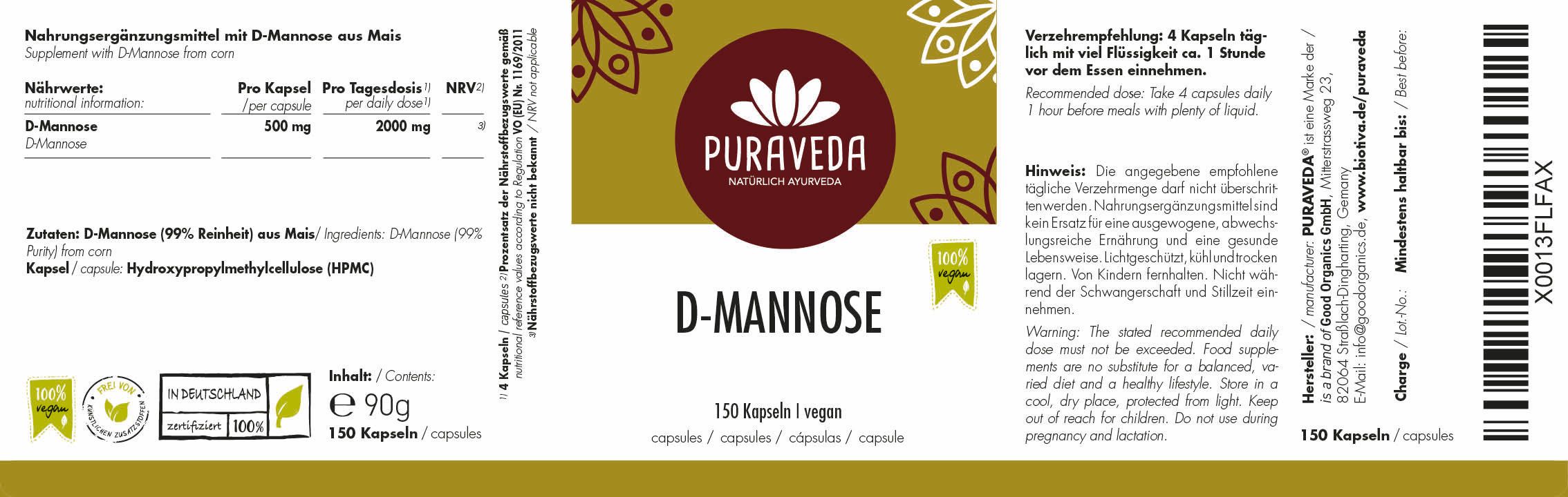 Etikett mit Produktname D-Mannose und Logo. Enthält 150 Kapseln. Informationen zu Inhaltsstoffen und Nährwerten.