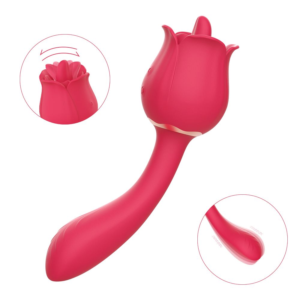 Roter Vibrator in Rosenform. Mit einem Stiel und einem blütenförmigen Kopf. Zusätzliche Nahaufnahmen.