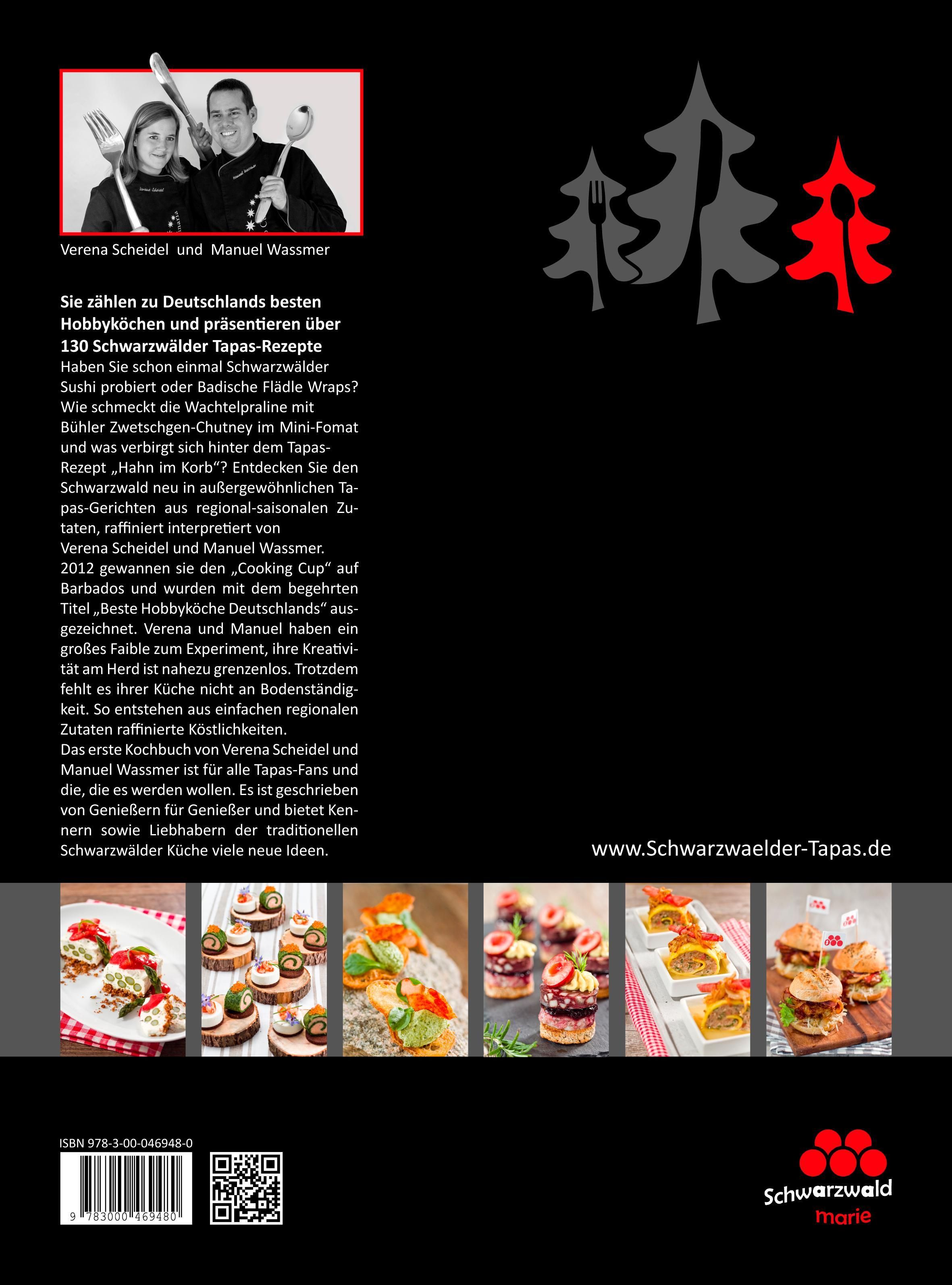 Buchrückseite: Schwarzwälder Tapas. Autorenfoto, Text, ISBN, Logo, Tapas-Fotos. Schwarzer Hintergrund, Baum-Illustrationen.