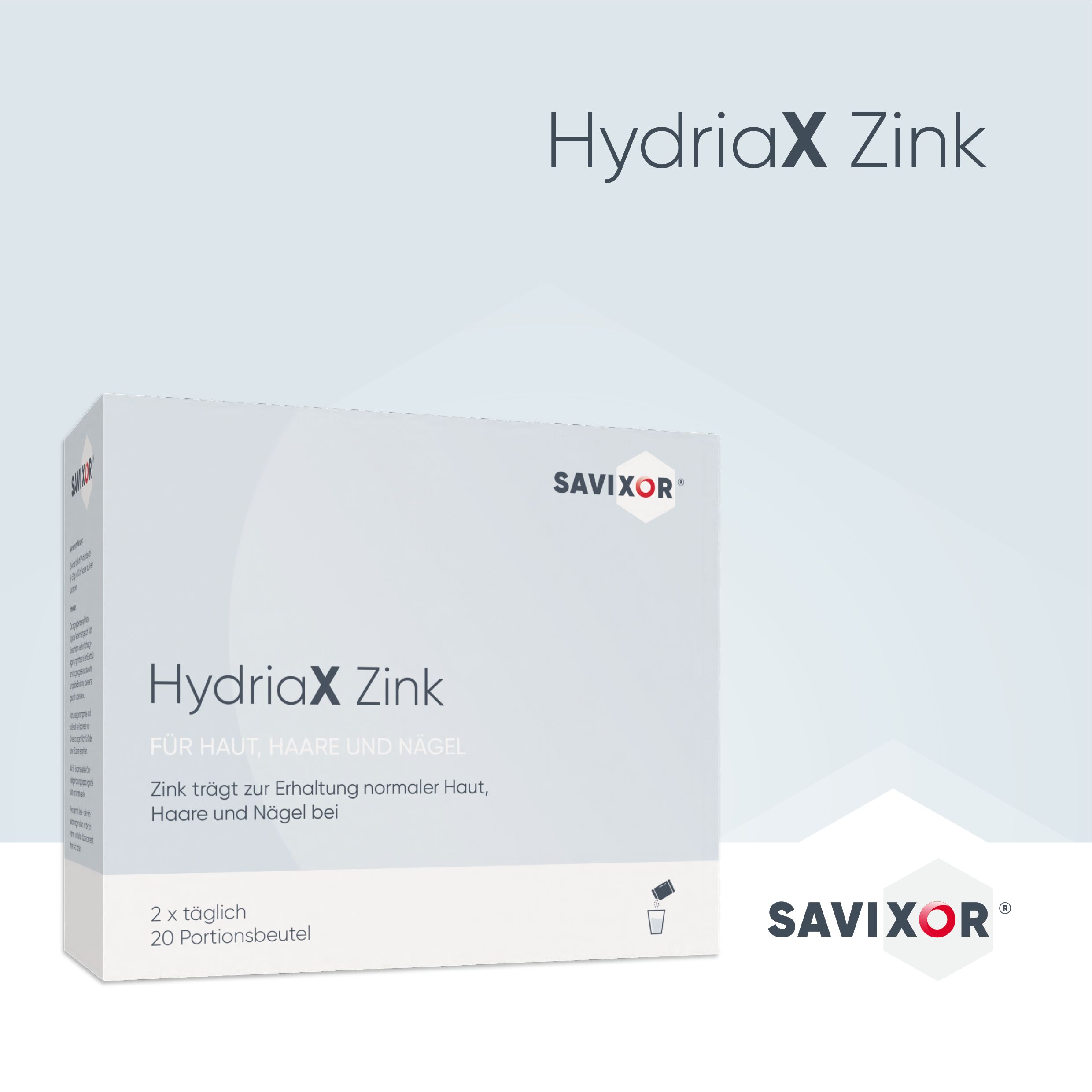 Savixor HydriaX Zink Pulver, Verpackung. Produktname und Logo deutlich sichtbar. 20 Portionen.