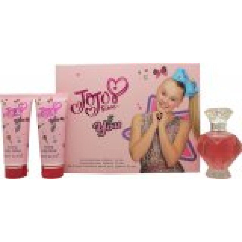Geschenkset mit rosa Verpackung. Enthält zwei Tuben, eine Flasche und eine Parfumflasche. Aufdruck: Jojo Siwa Be You.