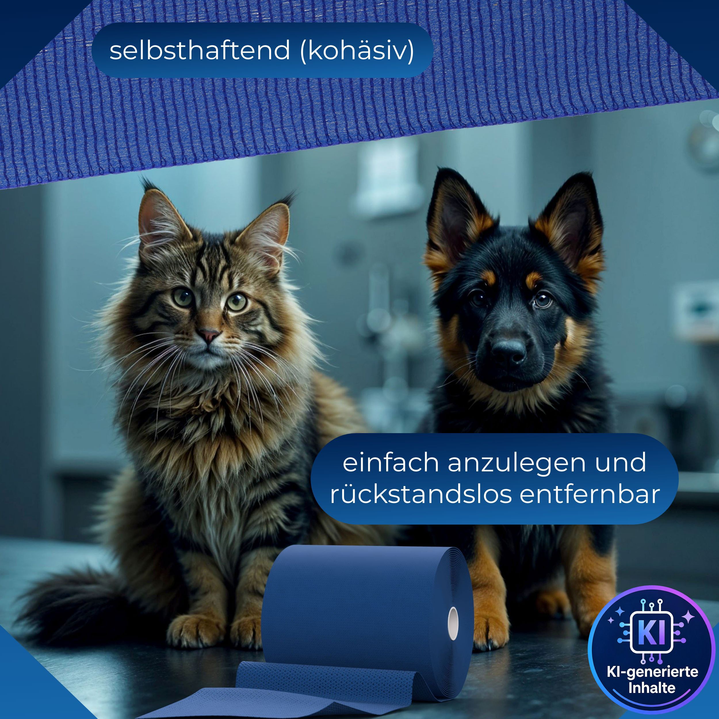 Selbsthaftende blaue Fixierbinde mit Hund und Katze. Einfach anzulegen und rückstandslos entfernbar.