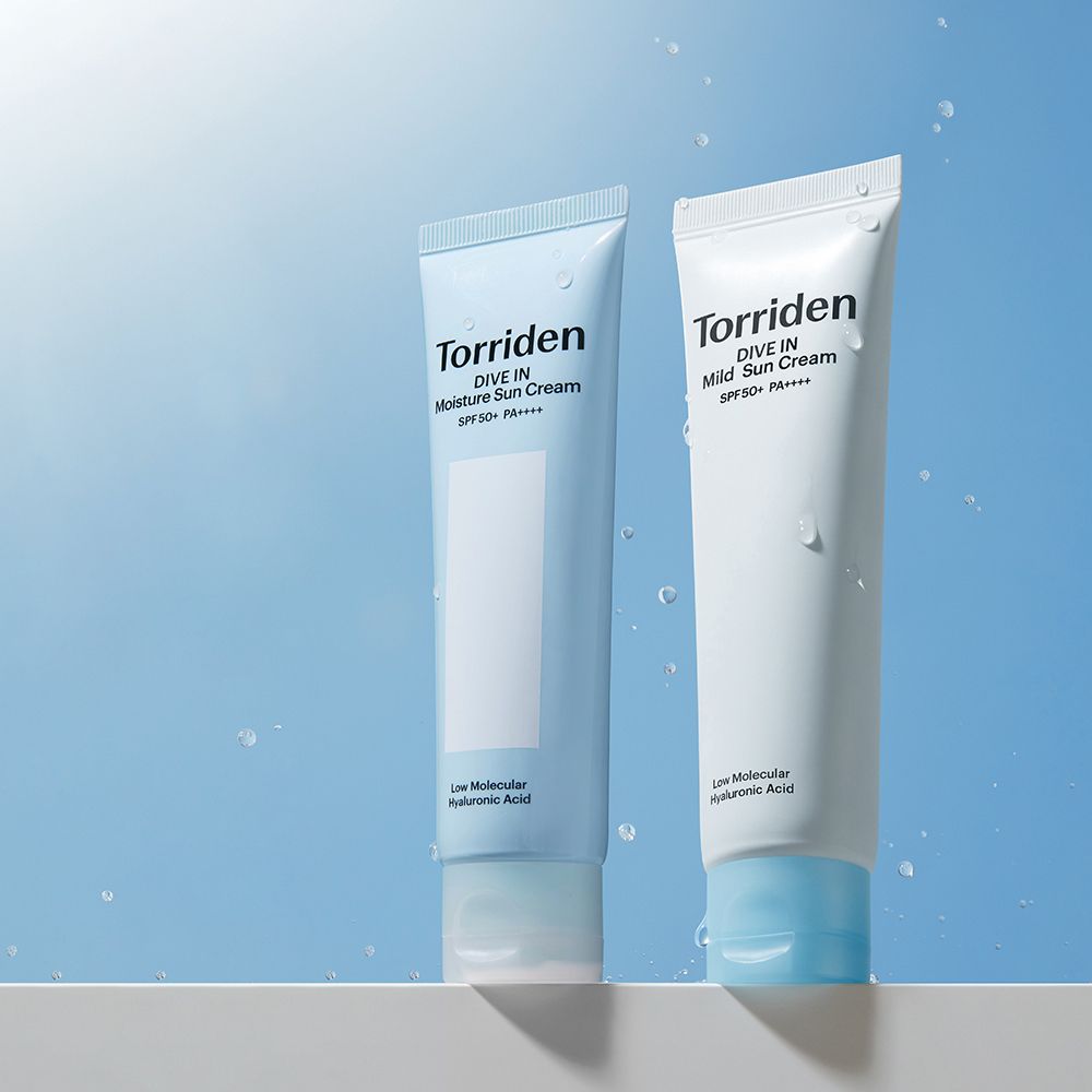 Zwei Torriden Sonnencreme-Tuben: DIVE IN Moisture Sun Cream und DIVE IN Mild Sun Cream.