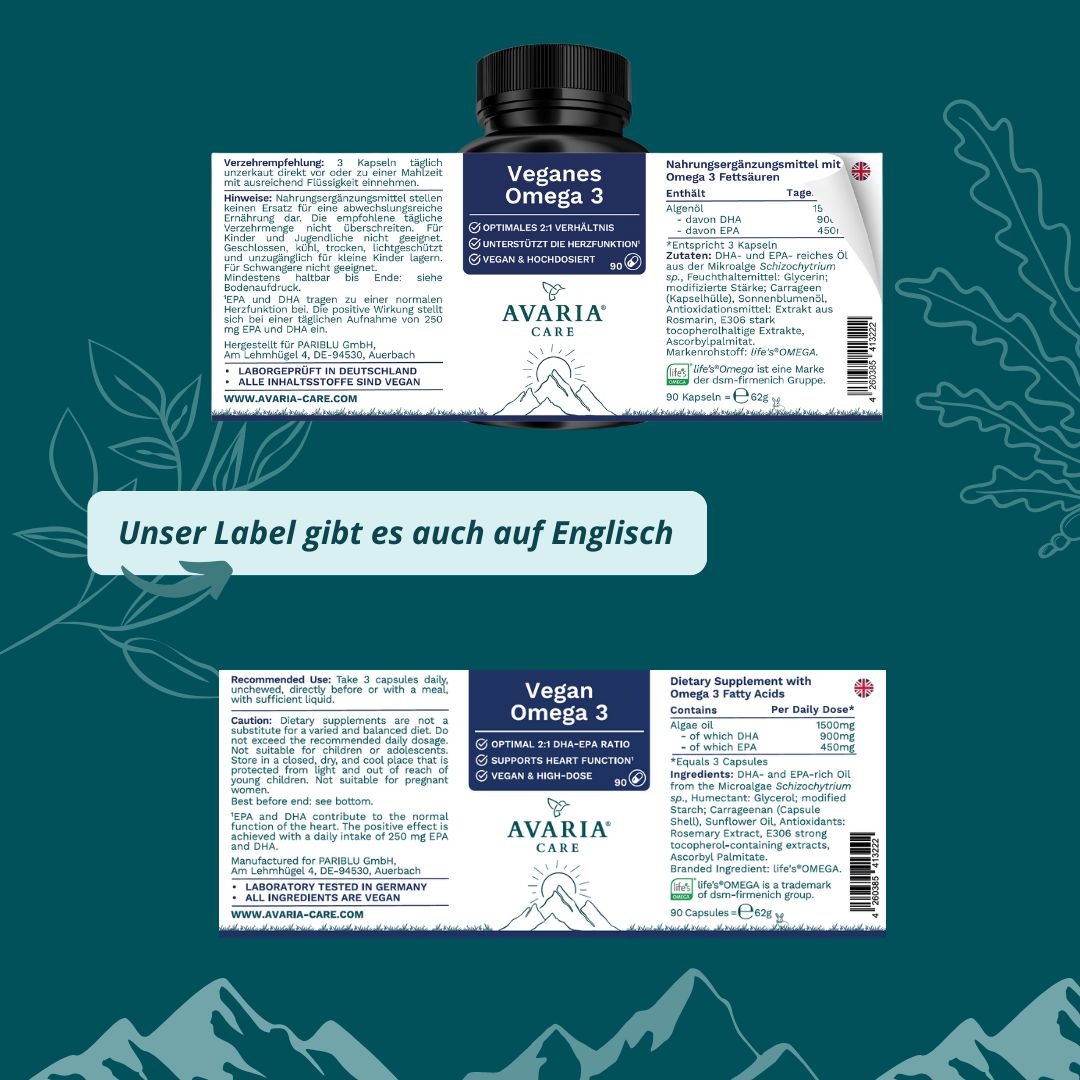 Etikett mit Informationen. Aufschrift: Veganes Omega 3. Logo: AVARIA CARE. Enthält DHA und EPA. Laborgeprüft in Deutschland.