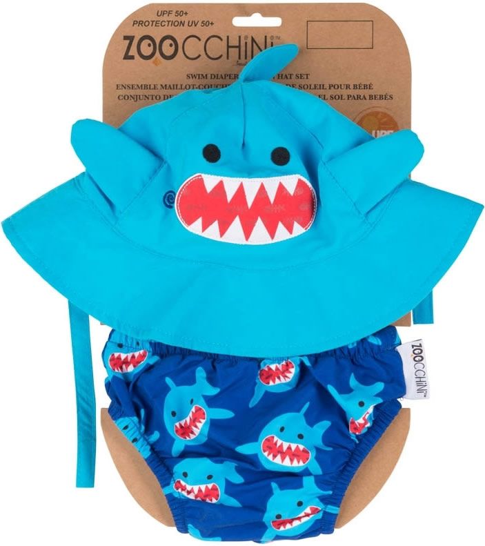 Blauer Hai-Sonnenhut und Schwimmwindel-Set. Hut mit Hai-Gesicht, Windel mit Hai-Muster. UV-Schutz 50+.