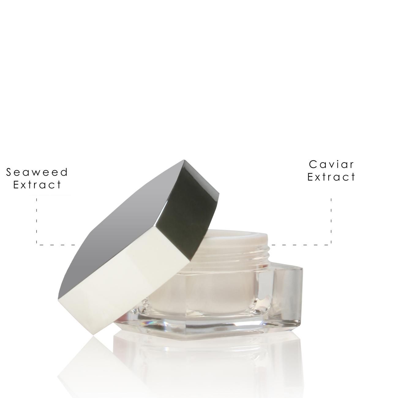 Offener Tiegel mit silbernem Deckel. Beschriftung: 'Seaweed Extract' und 'Caviar Extract'.