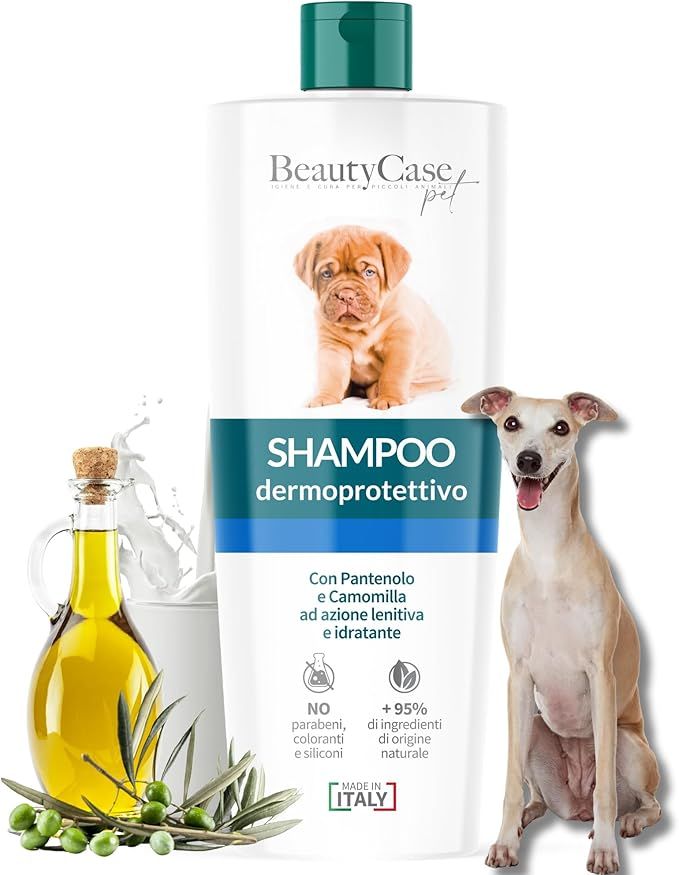 Shampoo-Flasche mit Hund und Welpen. Aufschrift: Shampoo dermoprotettivo. Enthält Panthenol und Kamille. Hergestellt in Italien.
