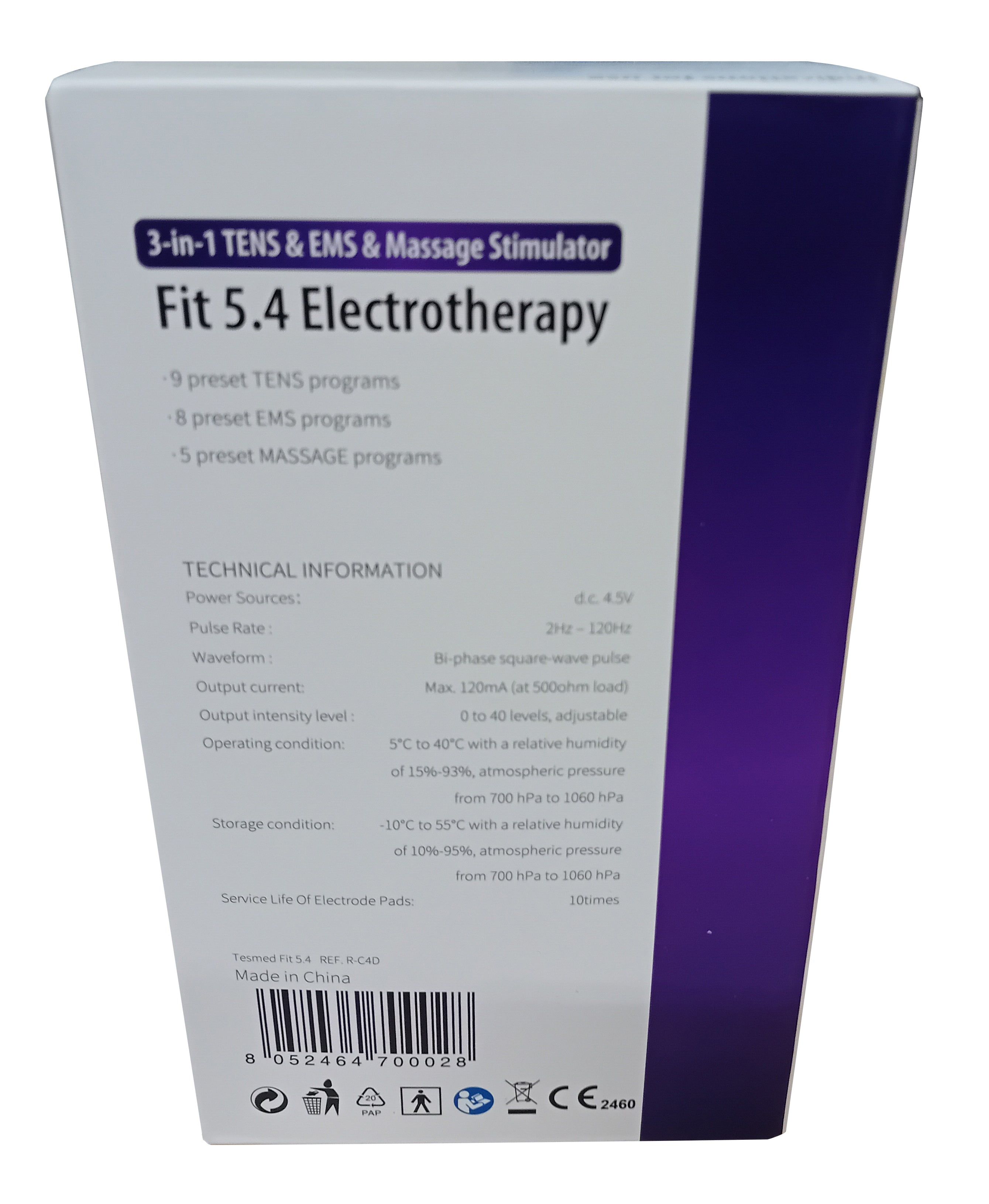 Confezione del prodotto. Informazioni sull'elettrostimolatore. Marca: Tesmed. Modello: Fit 5.4. Dati tecnici e certificazioni.