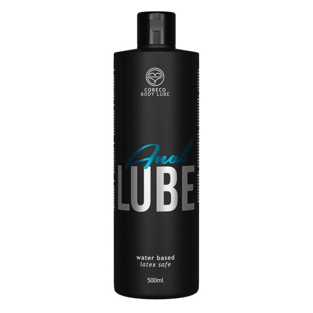 Schwarze Flasche mit "Anal LUBE" Schriftzug. "Water based latex safe" und "500ml" sind ebenfalls sichtbar.