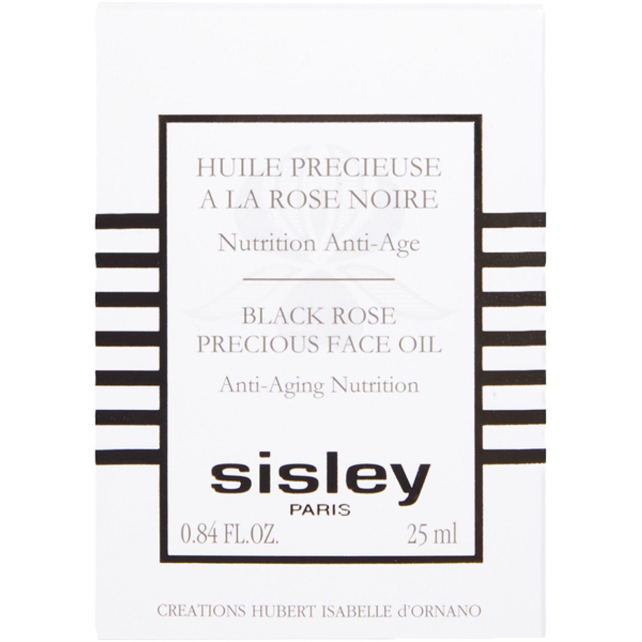 Verpackung von Sisley Huile Précieuse à la Rose Noire. Aufschrift: Black Rose Precious Face Oil, Anti-Aging Nutrition. 25 ml.