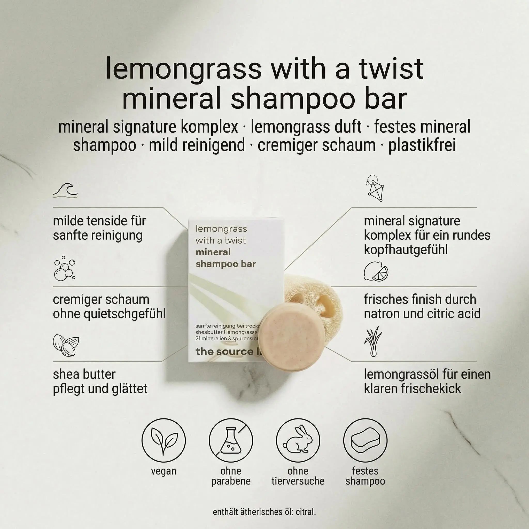 Mineral-Shampoo-Bar mit Seifenkissen. Produktverpackung mit Text: lemongrass with a twist mineral shampoo bar. Vegan, ohne Parabene, ohne Tierversuche.