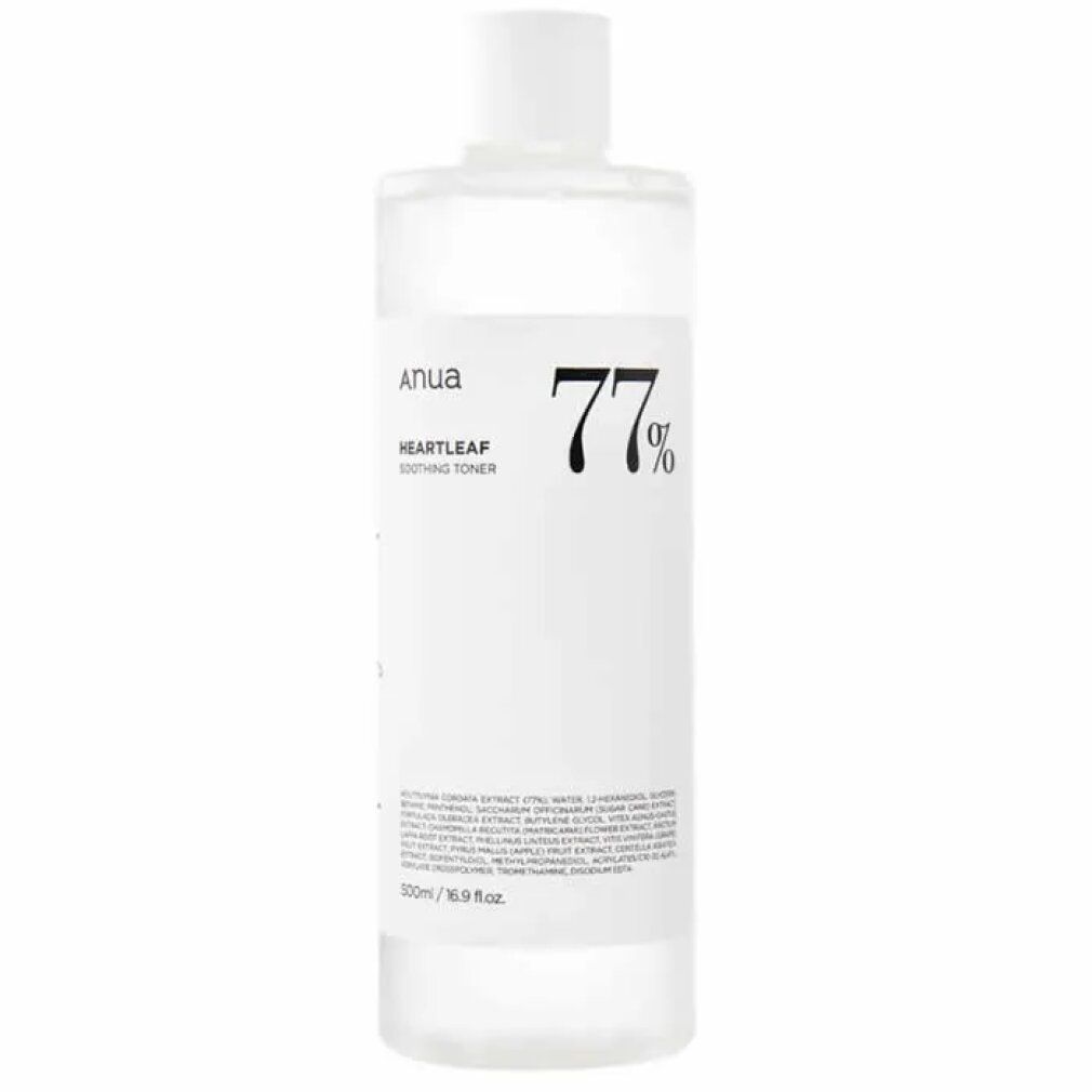 Anua Heartleaf 77% Soothing Toner Flasche mit Spritzern und Text.