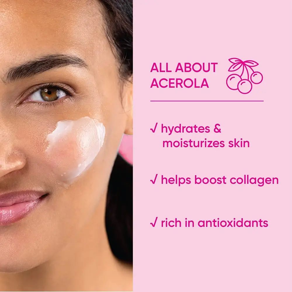 Nahaufnahme einer Frau mit Produkt auf der Haut. Text: ALL ABOUT ACEROLA, hydratisiert & befeuchtet die Haut, hilft Kollagen zu stärken, reich an Antioxidantien.
