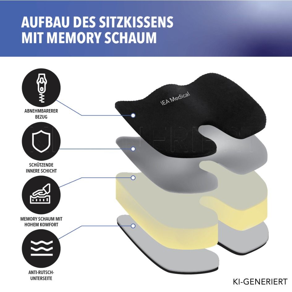 Aufbau des Sitzkissens: abnehmbarer Bezug, Schutzschicht, Memory Schaum, Anti-Rutsch-Unterseite.