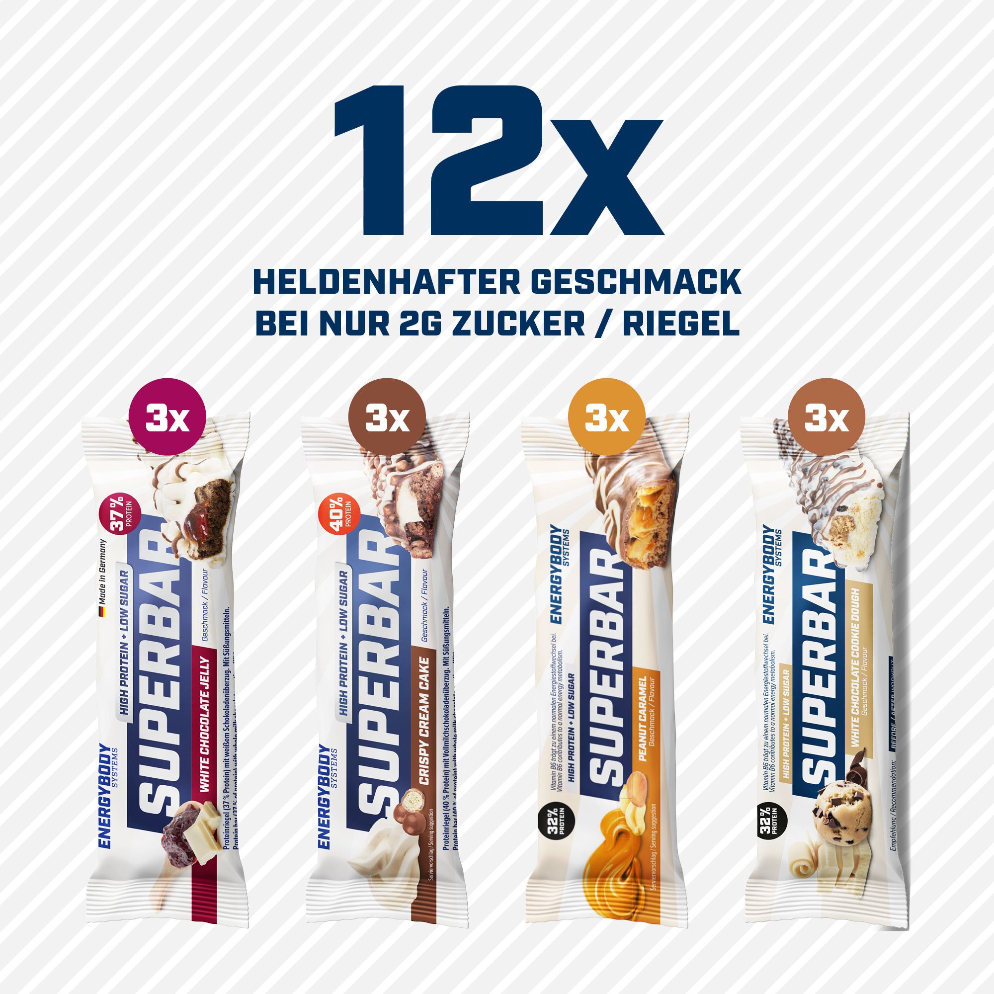 12 Superbar Riegel in verschiedenen Geschmacksrichtungen. Verpackung mit Produktnamen und Logo. Text: 2g Zucker pro Riegel.