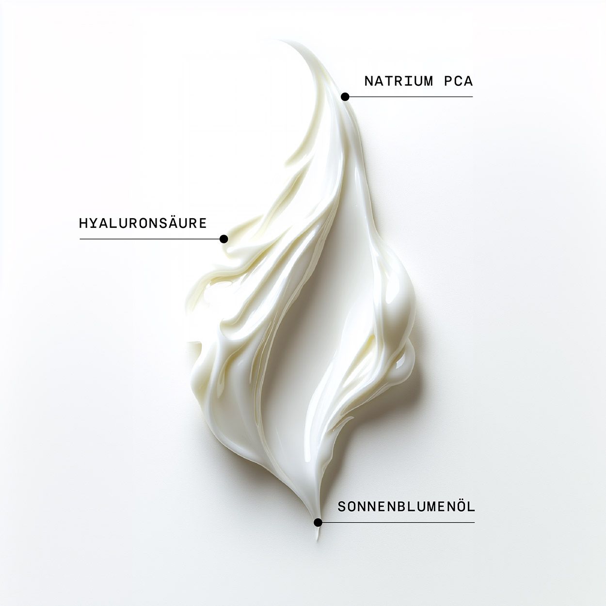 Nahaufnahme von Serum. Beschriftung: Hyaluronsäure, Natrium PCA, Sonnenblumenöl. Creme-Textur auf weißem Hintergrund.