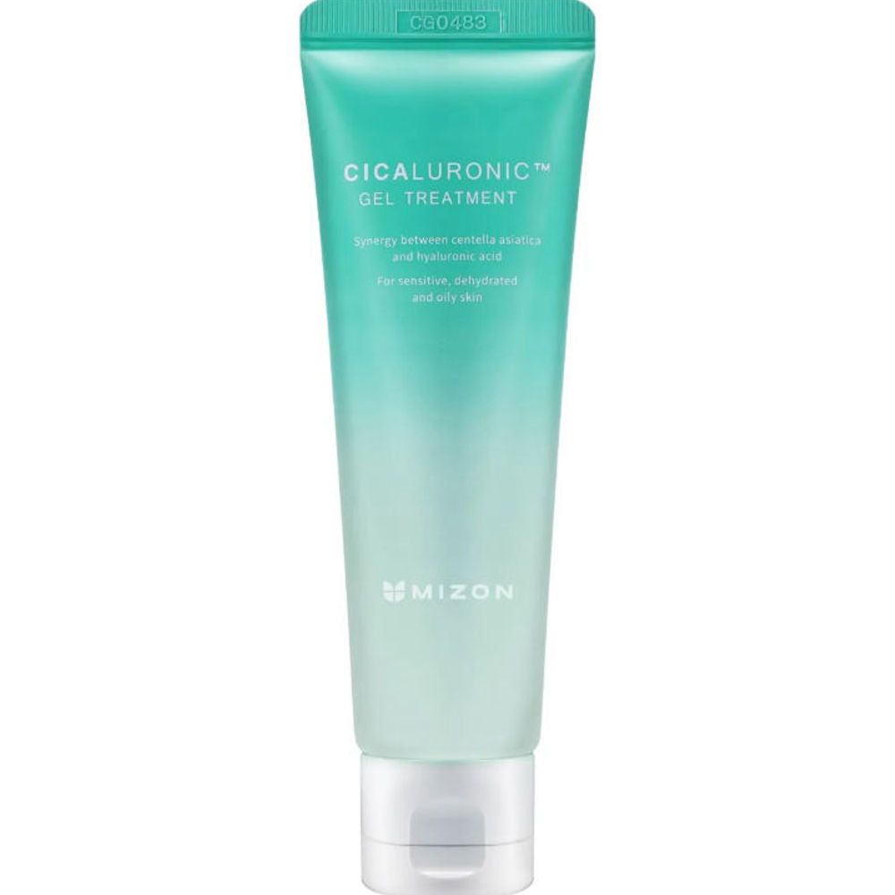 Türkis-farbene Tube mit weißem Schraubverschluss. Aufschrift: Cicaluronic Gel Treatment, Mizon.