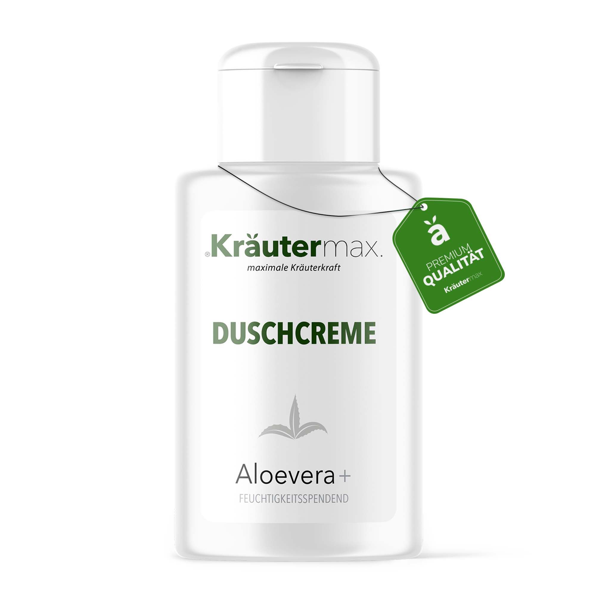 Weiße Flasche Kräutermax Duschcreme mit Aloe vera. Grünes Etikett mit Premium Qualität.