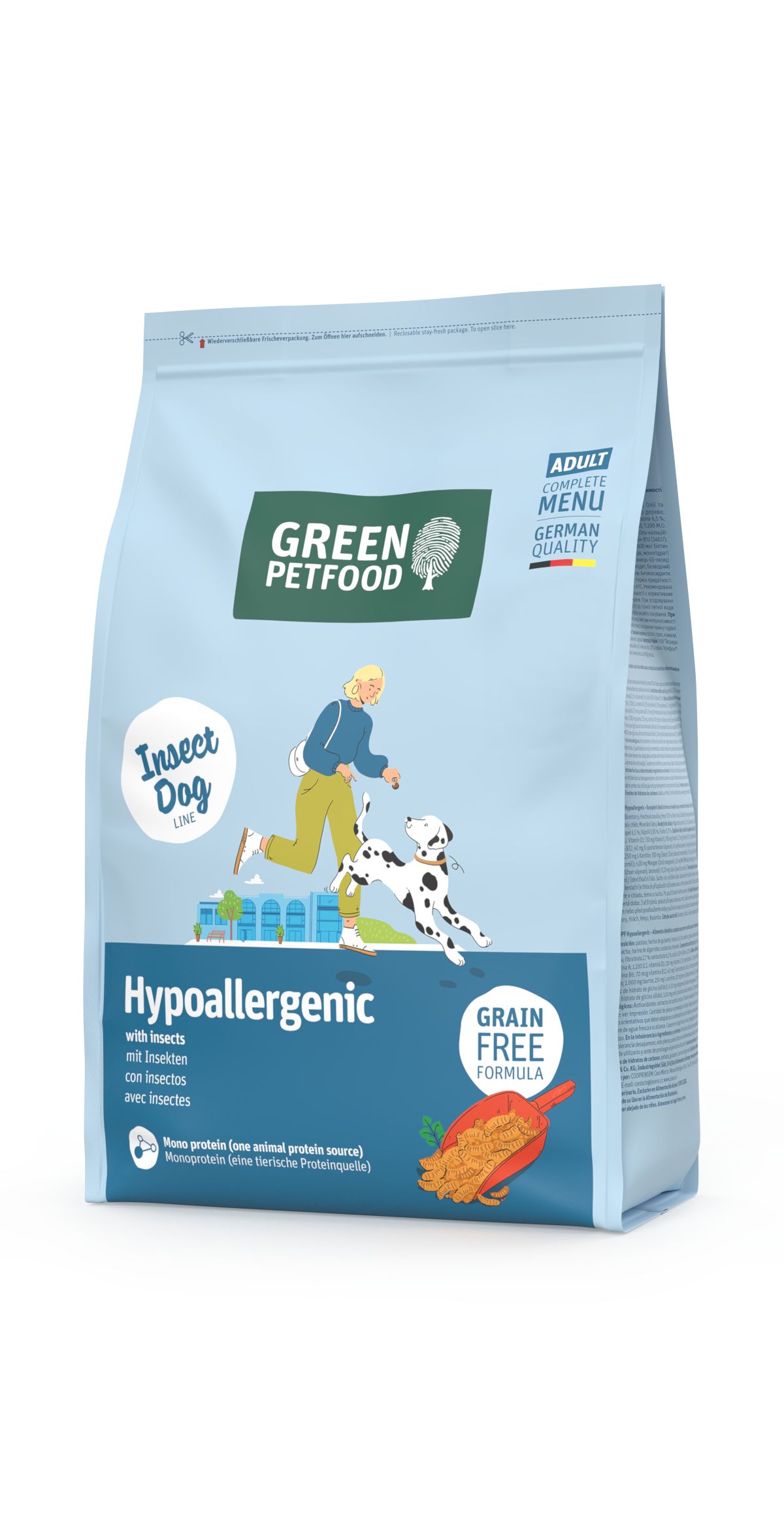 Green Petfood Hypoallergenic Insect Dog Futterbeutel mit Illustration eines Jungen und Hundes.