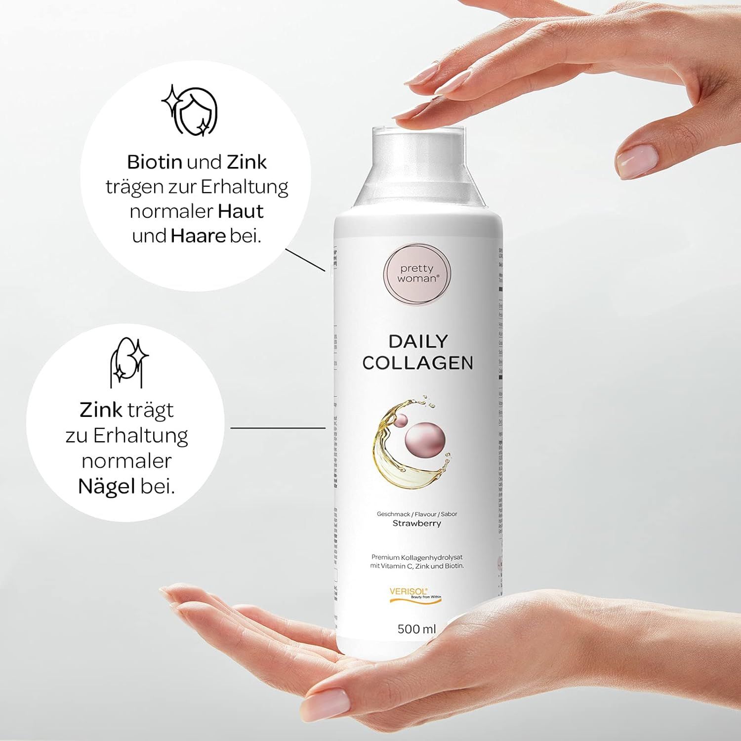 Weiße Flasche "Daily Collagen" in Händen. Text: "Biotin und Zink für Haut und Haare", "Zink für Nägel".