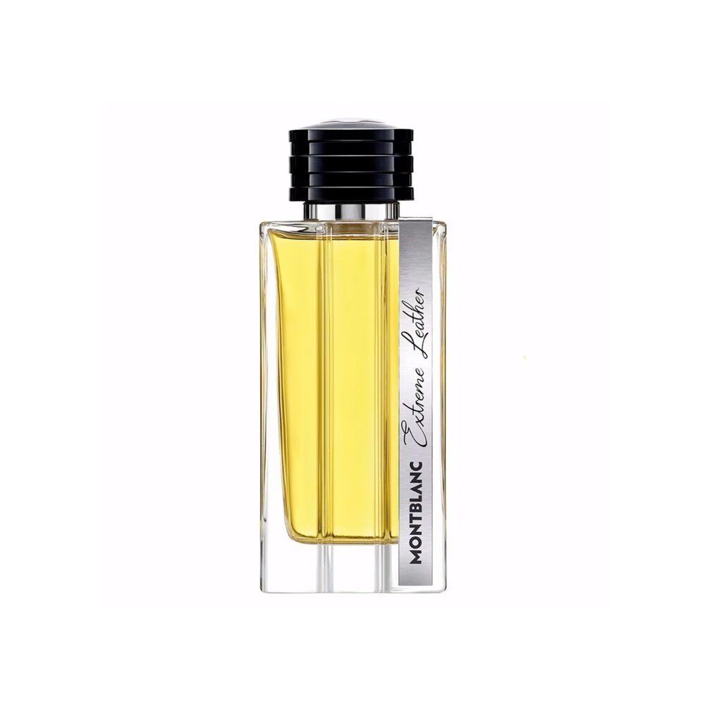Montblanc Extreme Leather Eau de Parfum Flakon mit silbernem Etikett und schwarzem Verschluss.