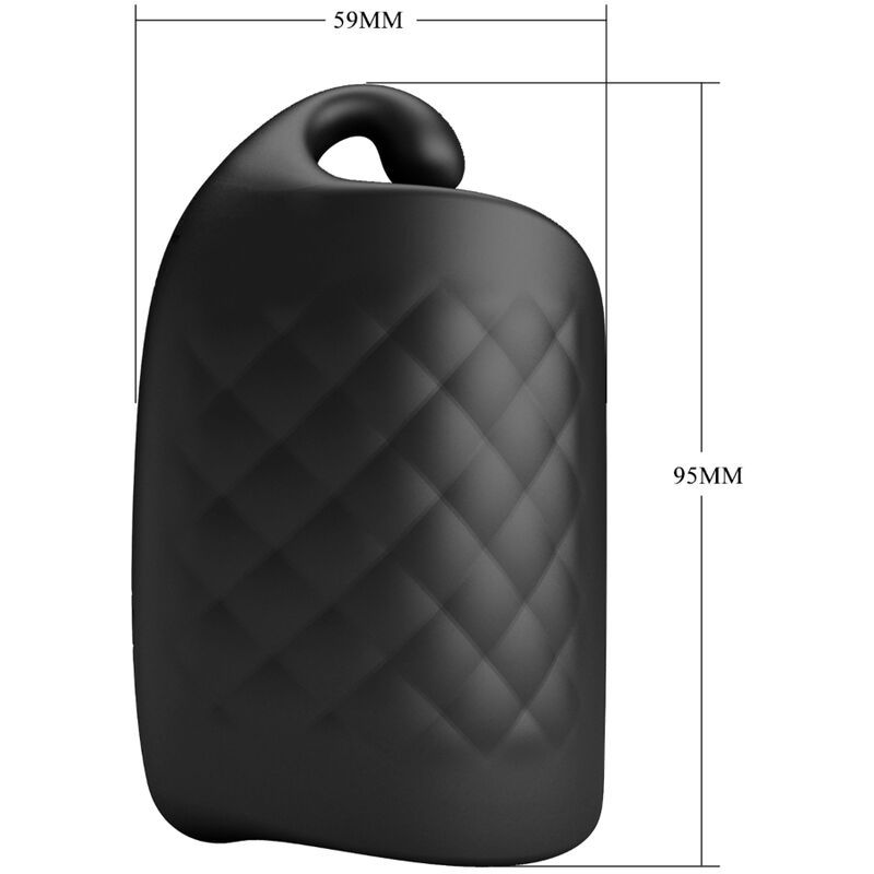 Schwarzer Masturbator mit Rautenmuster. Maße: 95mm hoch, 59mm breit. Oberseite mit Griff.