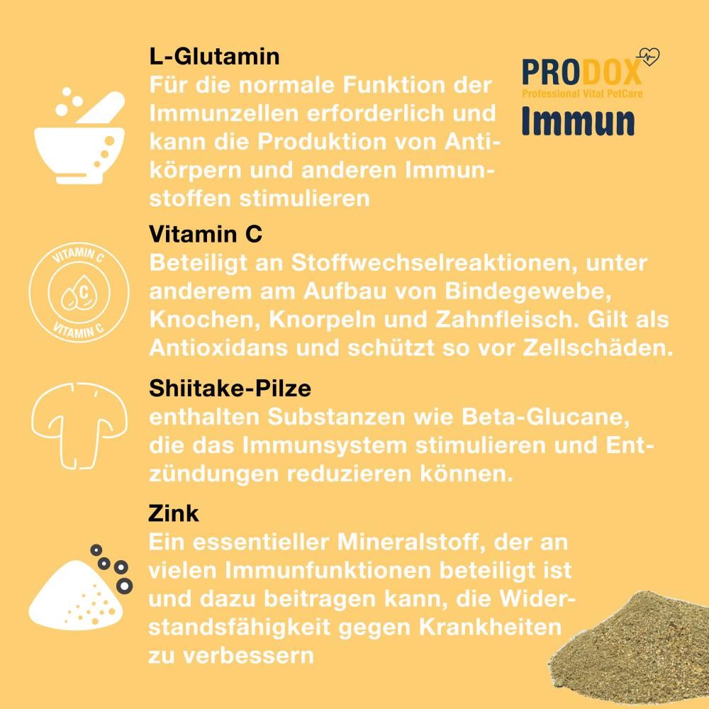 Gelber Hintergrund mit Text und Pulver. Text: L-Glutamin, Vitamin C, Shiitake-Pilze, Zink. Dose: PRODOX, Immun.