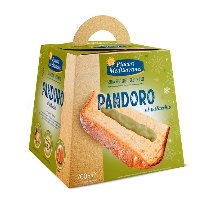 Verpackung von Pandoro mit Pistaziencreme. Grün-beige Box mit Griff. Aufschrift: Pandoro al pistacchio, glutenfrei. Anschnitt mit Creme.