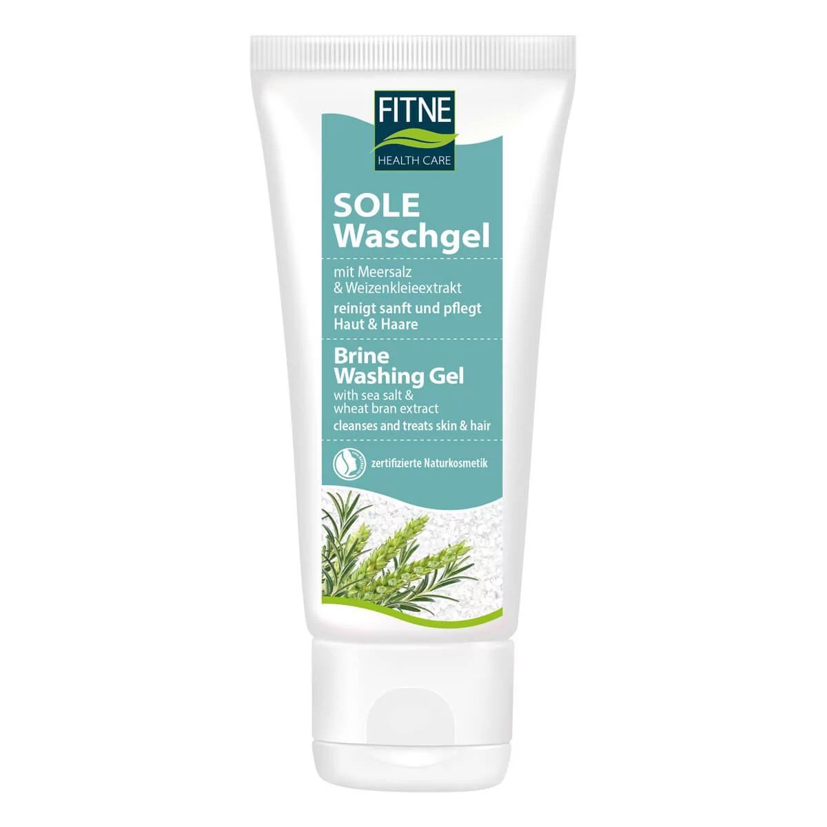 Weiß-grüne Tube mit Produktnamen und Text. Enthält Meersalz und Weizenkleieextrakt. Zertifizierte Naturkosmetik.
