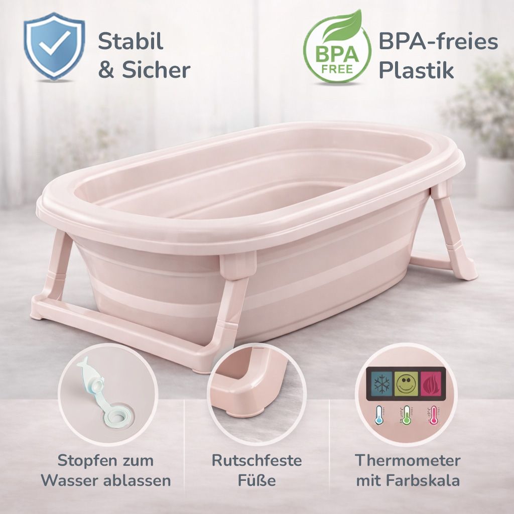 Faltbare Babybadewanne - Klappbare Baby Wanne mit integriertem Thermometer und Abfluss