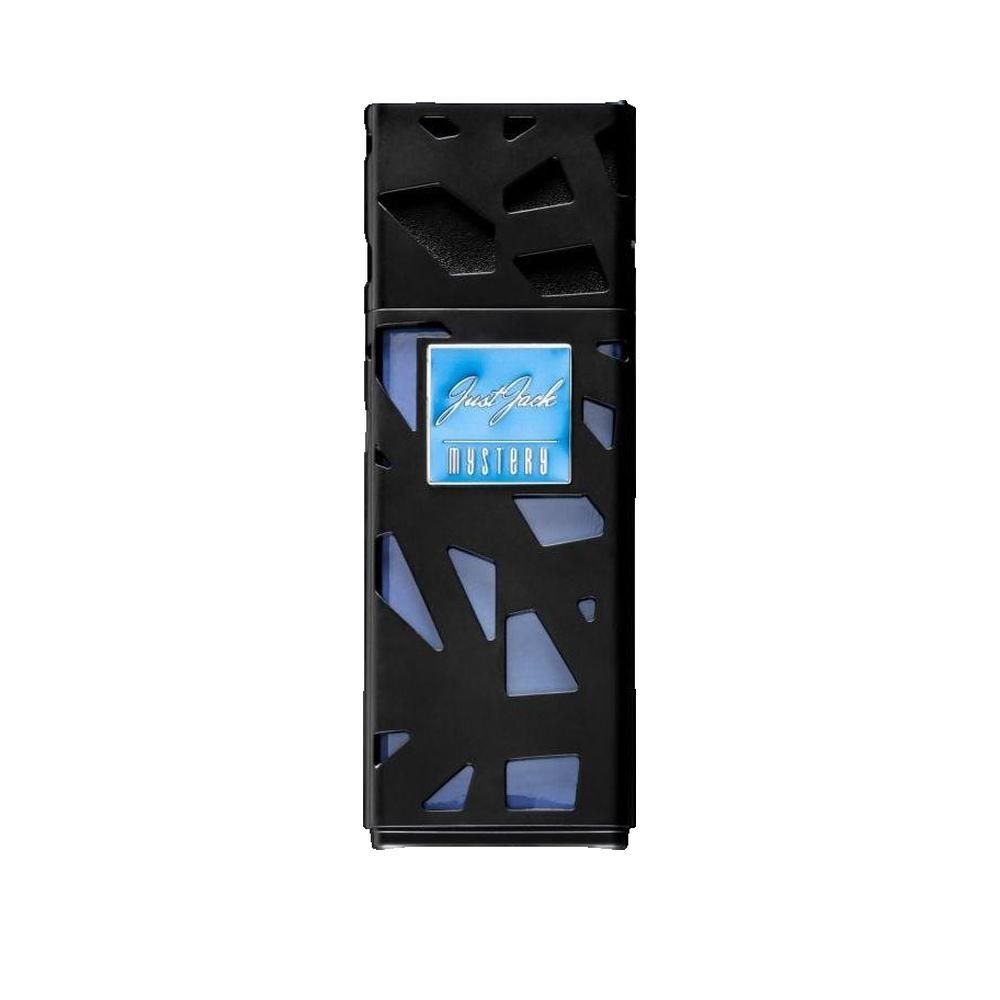 Schwarzer Flakon mit blauem Etikett. Aufschrift: Just Jack Mystery. Geometrisches Muster auf dem Flakon.
