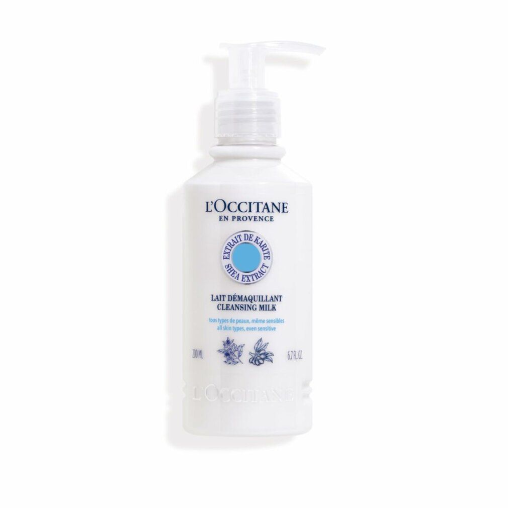 Weiße Flasche mit Pumpverschluss. Aufschrift: L'Occitane, Shea Extract, Lait Démaquillant Cleansing Milk. Für empfindliche Haut.