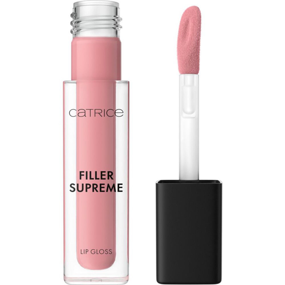 Catrice Supreme Lippenfiller Gloss. Transparente Flasche mit rosa Inhalt. Applikator mit rosa Spitze. Deckel schwarz.