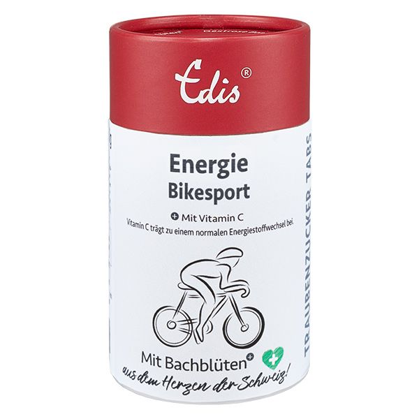 Eine rote Dose mit der Aufschrift "Edis Energie Bikesport". Ein Fahrradfahrer ist abgebildet.