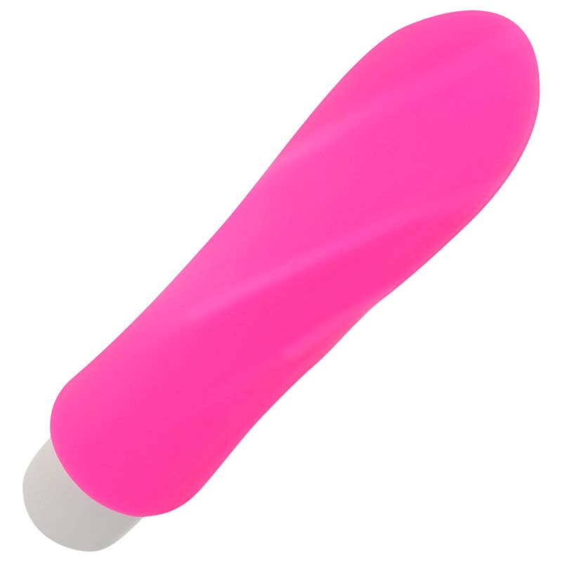 Rosa Silikon-Vibrationskugel, länglich, mit gewellter Oberfläche und weißem Ende. Auf weißem Hintergrund.