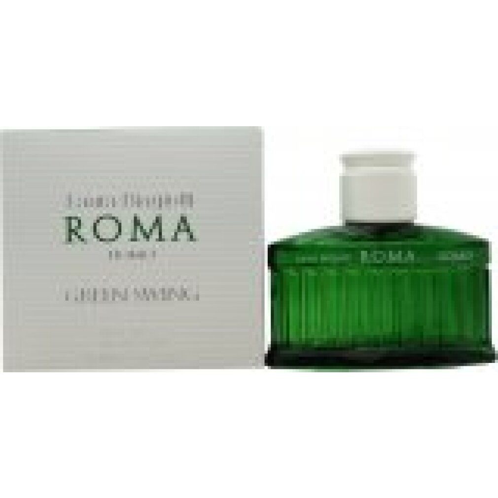 Grüne Glasflasche und Verpackung. Aufschrift: Laura Biagiotti ROMA UOMO Green Swing.