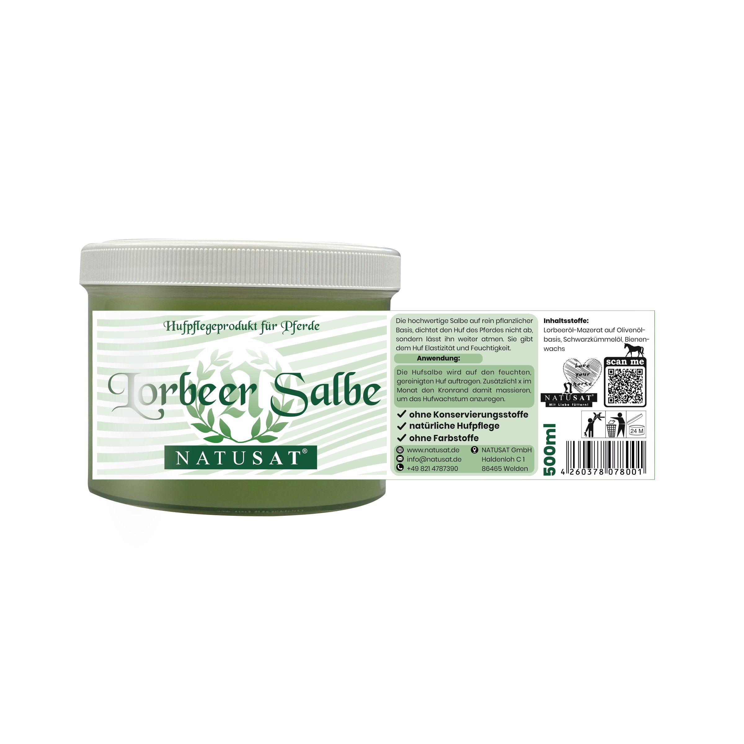 Grüner Balsam in weißem Behälter, Etikett mit Lorbeer Salbe und Natusat Logo.