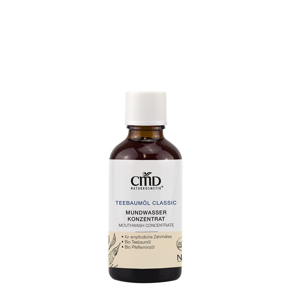 CMD Teebaumöl Classic Mundwasser Konzentrat in brauner Glasflasche mit weißem Deckel.
