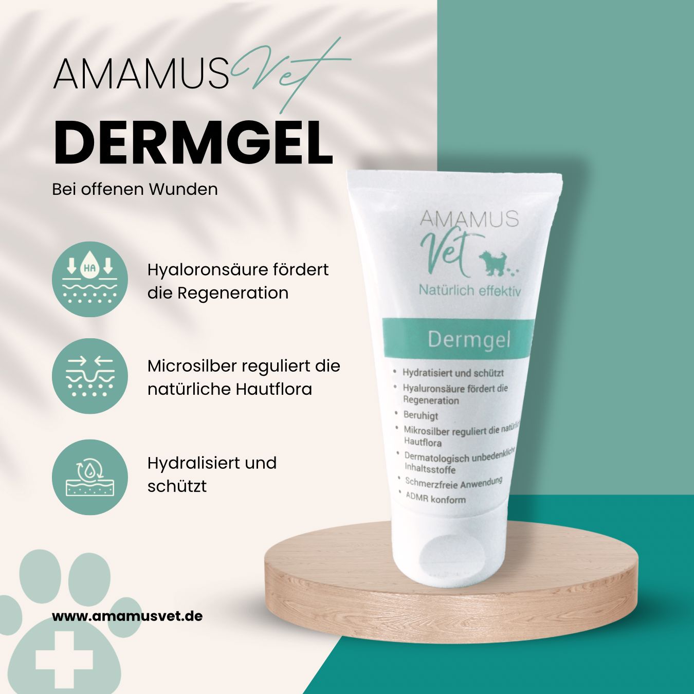 Produkt auf Holzsockel. AMAMUS Vet Dermgel. Text: Bei offenen Wunden. Auf der Tube: Hydratisiert und schützt, Hyaluronsäure fördert die Regeneration.